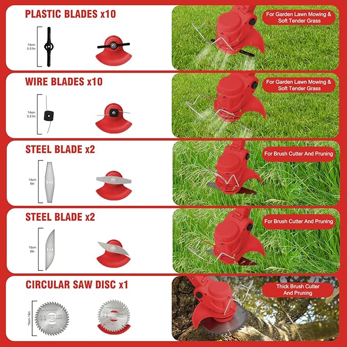 ALSO GO Weed Wacker, Cordless String Trimmer 24V with 2 Batteries 2.0Ah, 3 Types Metal Blades Powered Grass Trimmer, Pruning Shears, Adjustable Pole Weed Trimmer for Garden and Yard Lawn-Red