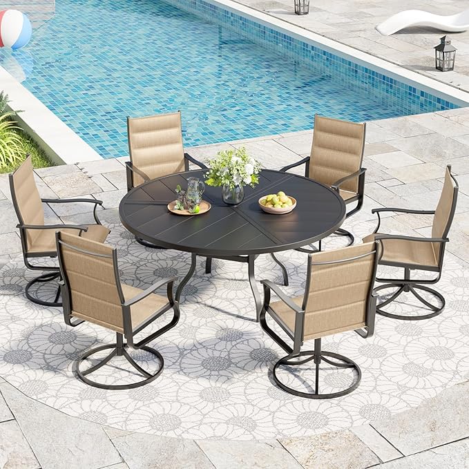 UDPATIO 7 Piece Outdoor Patio Dining Set, Outdoor Patio Table and Chairs Set, 51" Round Table with Umbrella Hole, Outdoor Swivel Rocker Dining Chairs, Patio Outside Dining Set for Lawn, Deck, Yard