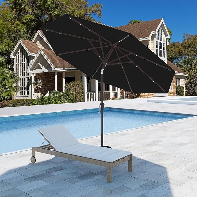 9FT Patio Umbrella with Solar Lights,Outdoor Market Umbrella with Tilt and Crank, LED Lighted Table Umbrella for Garden,Deck,Backyard,Pool,Beach (Black)