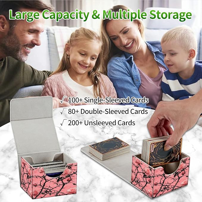Card Deck Box for MTG, Cards Storage Box Fits 120+ Sleeved, Leather Small Size Strong Magnetic Closing Card Case for Board Games Magic TCG CCG Baseball Collection, Pink Flower Tree