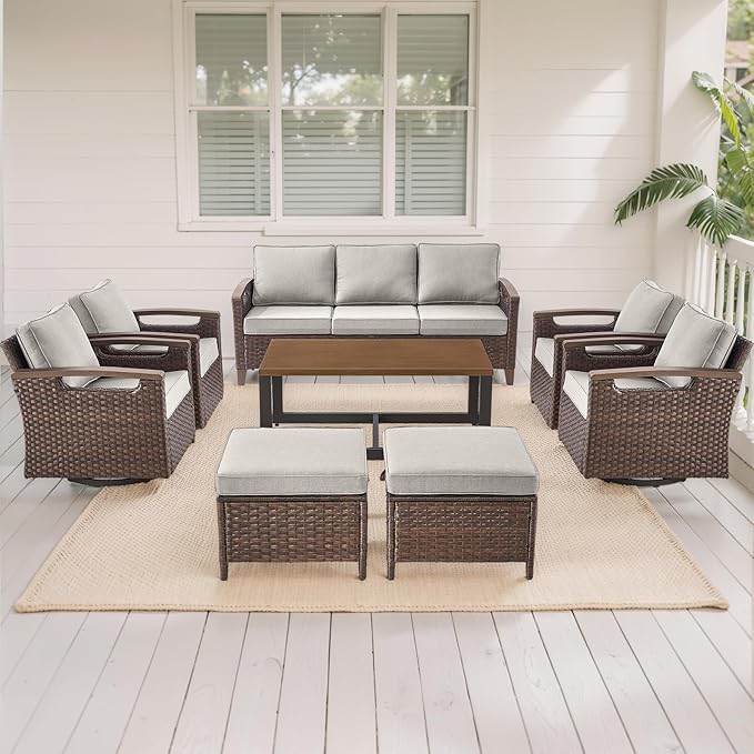 Rilyson Wicker Outdoor Patio Furniture Set - 8 Piece Patio Conversation Sets with Swivel Rocker Chairs, Ottomans, Sofa and Coffee Table, Thick Cushions, Waterproof Wicker, for Porch Deck Brown/Beige