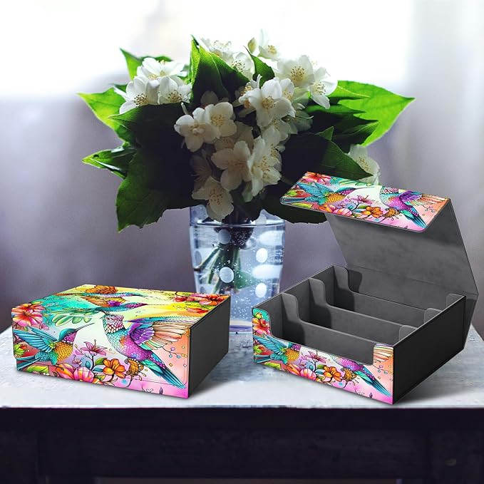 Card Deck Box for MTG, Cards Storage Box Fits 120+ Sleeved, Leather Big Size Strong Magnetic Closing Case for Board Games Magic TCG CCG Baseball Collection Women Man, Four Birds Flowers