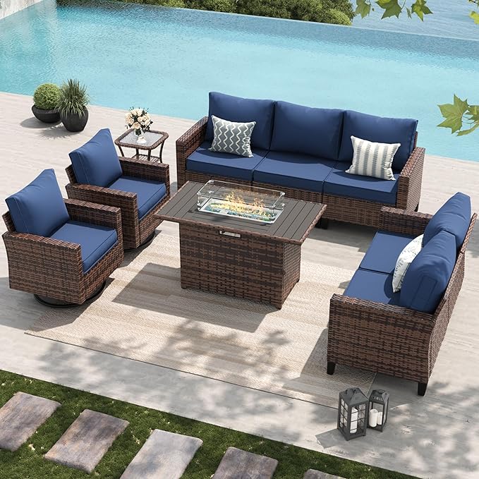 Amopatio Patio Furniture Set, 6-Piece Wicker Outdoor Sectional Sofa with Swivel Rocker Chairs, All-Weather Rattan Conversation Set with Fire Pit Table and Waterproof Cover for Backyard Brown/Navy