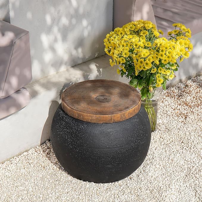 COSIEST Outdoor Side Table,Black Drum Outdoor End Tables,17" Concrete Patio Side Table for Outside Faux-Wood Top Accent Side Table Stool for Livingroom,Bedroom,Garden