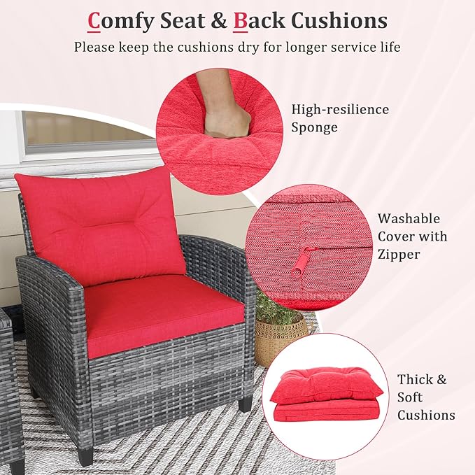 KOTEK 3 Piece Patio Furniture Set, Outdoor PE Rattan Conversation Set with Washable Cushions & Tempered Glass Tabletop, Wicker Chairs and Table Set for Porch, Garden, Balcony (Red)