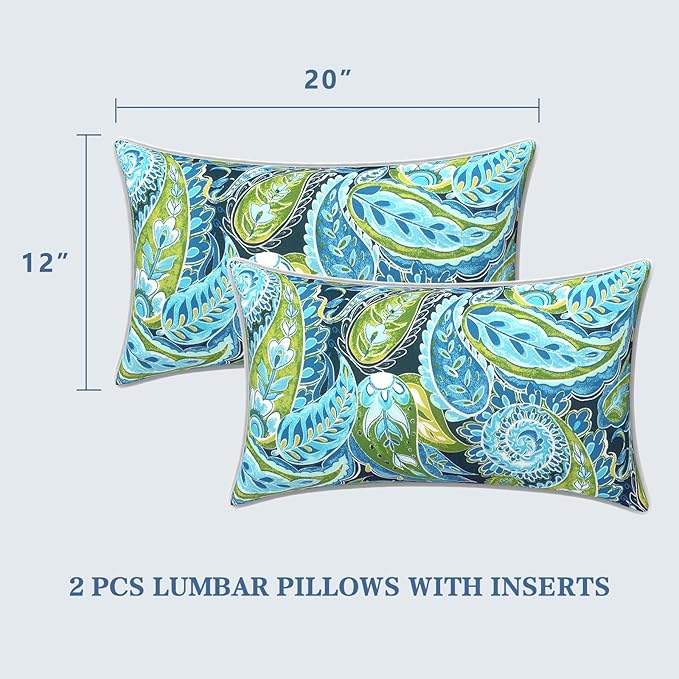 LVTXIII 2 Pack Outdoor Lumbar Pillows 12x20 Inch with White Piping, Fade Resistant Support Throw Pillows with Inserts for Patio Furniture, Sofa, Chair, Paisley Lapis Green
