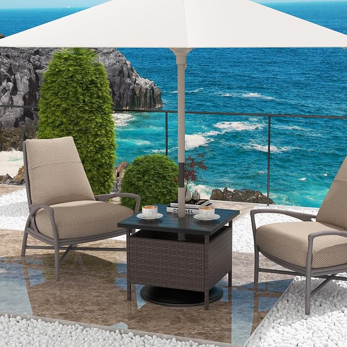 RELAX4LIFE Patio Table with Umbrella Hole, Wicker Rattan Bistro Dining Side Table with Metal Frame, 22'' Square Umbrella Stand Holder for Poolside Backyard Garden Deck, Outdoor Side Table