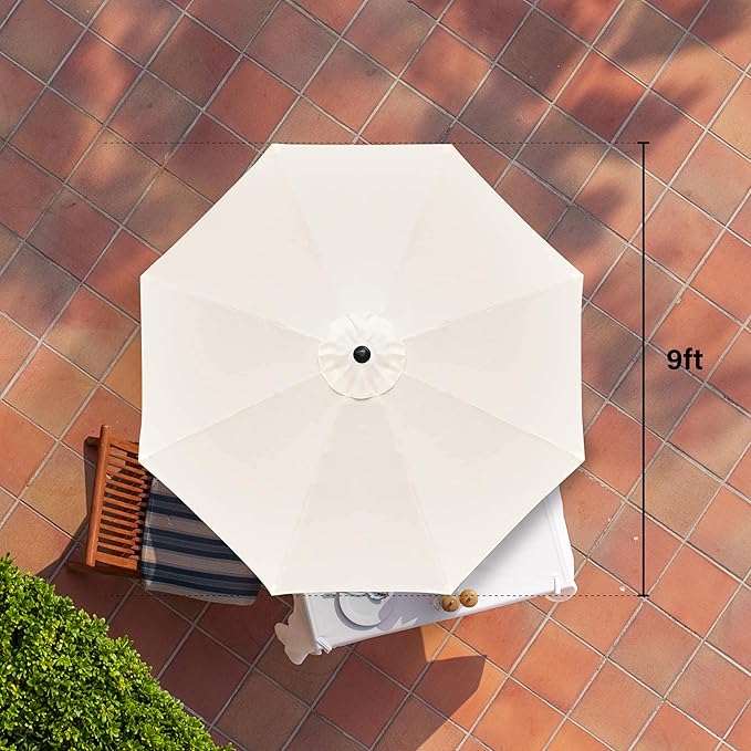HealSmart 9ft Patio Umbrella with Push Button Tilt/Crank, Outdoor Table Market Yard Umbrella with 8 Sturdy Ribs for Garden, Backyard, Deck, Pool, Beige