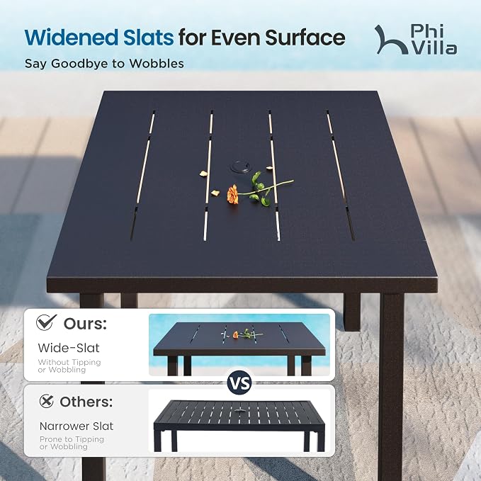PHI VILLA 34" Outdoor Patio Table for 4, Slatted Wrought Iron Dining Table with Umbrella Hole, Minimalist Outside Metal Furniture for Deck, Porch, Backyard - Black