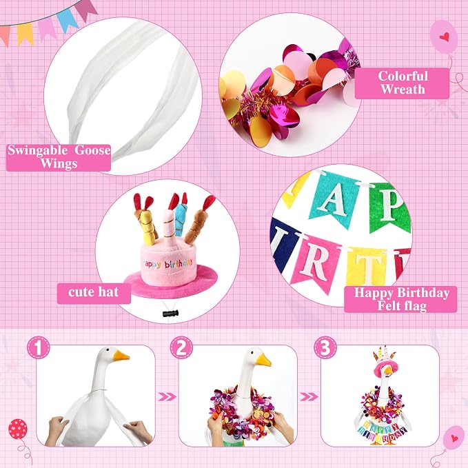 Abbylike 4 Pcs Happy Birthday Porch Goose Outfit for 23" Statues Poseable Porch Goose Wings Birthday Cake Hat for Lawn Patio Outdoor Geese Statue Decoration Accessories(Pink,Classic Style)