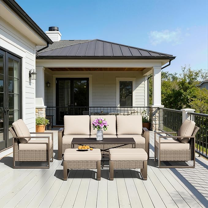 6 Pieces Metal Wicker Patio Furniture Set - 75" Sofa, 2 Armchairs and 2 Ottomans, 1 Coffee Table All Weather Rattan Outdoor Conversation Furniture with Washable Cushion for Deck Porch, Beige