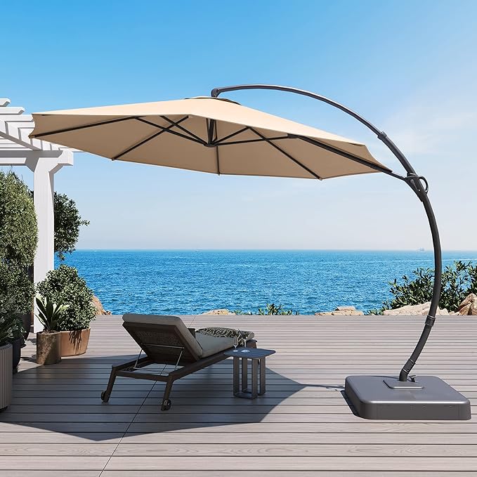 LAUSAINT HOME Outdoor Patio Umbrella with Base included, Deluxe Curvy Cantilever Umbrella Heavy Duty Offset Hanging Umbrella