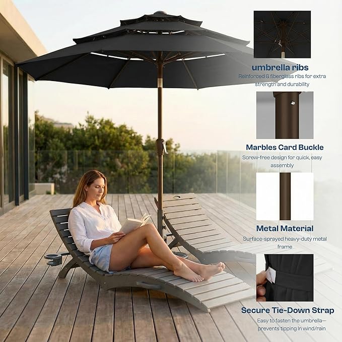 10ft Patio Umbrella, 3 Tier Outdoor Market Table Umbrellas with 8 Fiberglass Ribs and Push Button Tilt, Windproof, Vented Canopy, UV Protection for Deck, Pool, Backyard