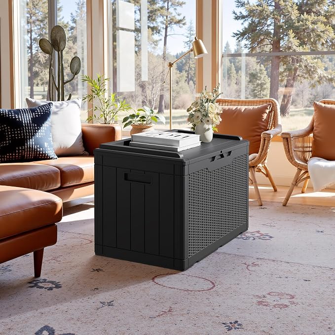 JUMMICO 100 Gallon Resin Deck Box with Cushion, Waterproof Outdoor Storage Box with Lockable Lid for Garden Tools, Patio Cushions (Black)