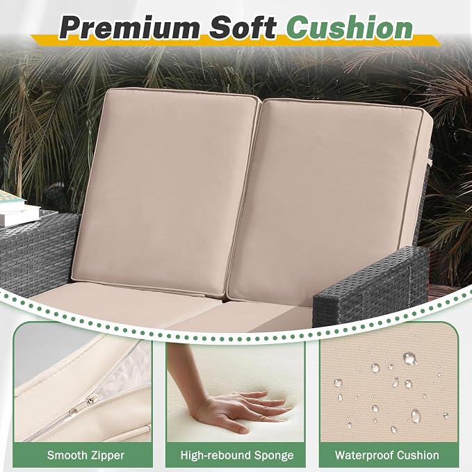 LVUYOYO 5 Piece Patio Furniture Set, Patio Wicker Conversation Set with Ottoman, Outdoor Chaise Lounge Chair with Side Table & Adjustable Backrest for Pool Backyard Garden (Brown Wicker Khaki Cushion)