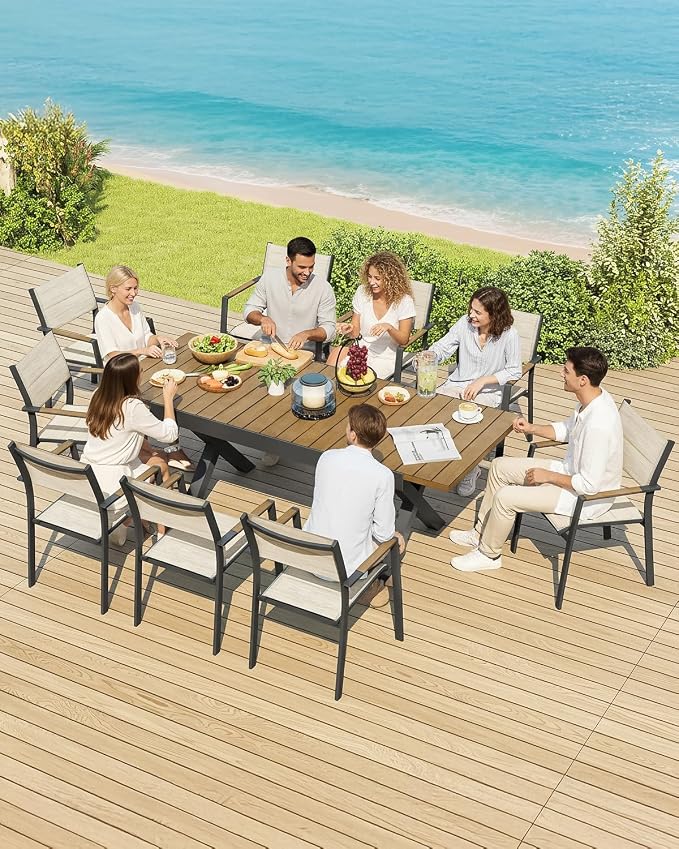 9-Piece Expandable Patio Dining Set, 8 Stackable Double-Layer Textilene Chairs and 63''-83'' Expandable Patio Dining Table, Never-Rust Aluminum Outdoor Dining Table Set for Deck, Indoor, Teak