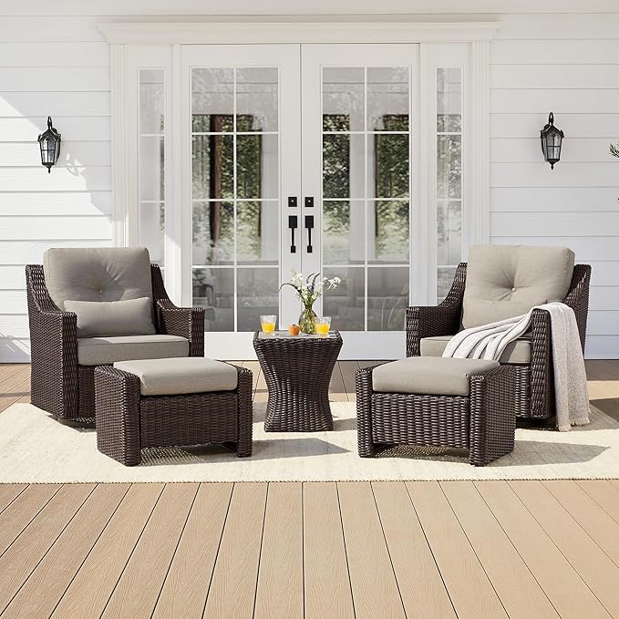 CHITA 5 Pieces Swivel Wicker Patio Furniture Set, Outdoor Conversation Set with 2 Pieces Rattan Rocking Swivel Chairs, 2 Pieces Ottomans, Thickened Cushions and Side Table