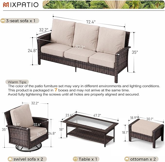 6-Piece Wicker Patio Furniture Set with Swivel Chairs, High Back Outdoor Furniture with 5.5-inch Thick Cushion and Ottoman, All-Weather Wicker Patio Conversation Set for Deck Yard Pool, Beige