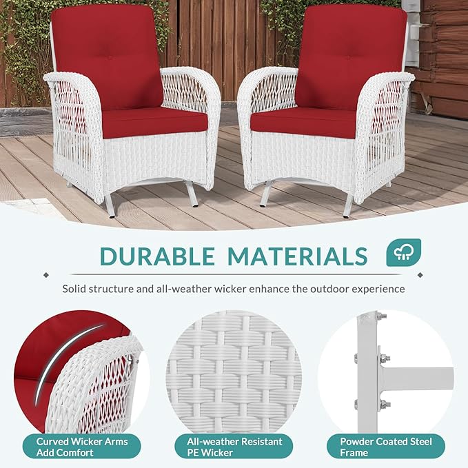 MEETWARM Patio Wicker Rocking Glider Set, All-Weather Outdoor Rattan Patio Rocking Chairs of 2, Patio Conversation Set with Thickened Cushions for Porch Garden & Backyard, White Wicker/Red