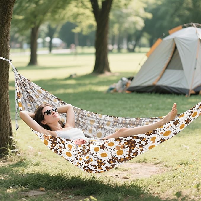 Camping Hammock Outdoor Hammocks for Outside White Daisy Flower Leopard Beach Trees Portable Lightweight with Pockets Tree Straps Indoor