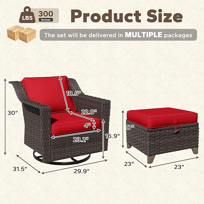 4 Pieces Patio Conversation Furniture Set - 2 Swivel Chairs, 2 Ottomans, Outdoor Wicker Furniture with Removable Cushions for Porch, Balcony, Sunroom (Red)