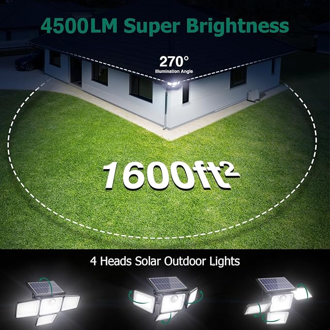 4500LM Solar Lights Outdoor, 4 Adjustable Heads Motion Sensor Lights, 3 Modes, 6500K, IP65 Waterproof Solar Security Wall Lights, Remote Control Flood Lights, Garden, Outside, Backyard, 3 Pack