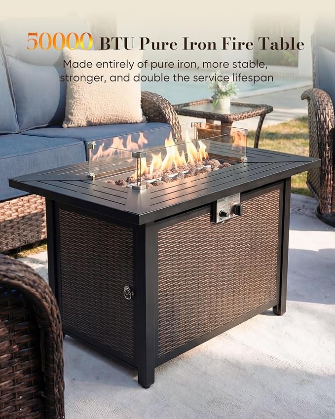Belord Upgraded 6“ Cushion Luxury 5 Piece Patio Furniture Set with Fire Pit Table - Outdoor Furniture Set with High Back Swivel Rocker Patio Chairs, Conversation Set for Deck Porch Yard - Brown/Blue
