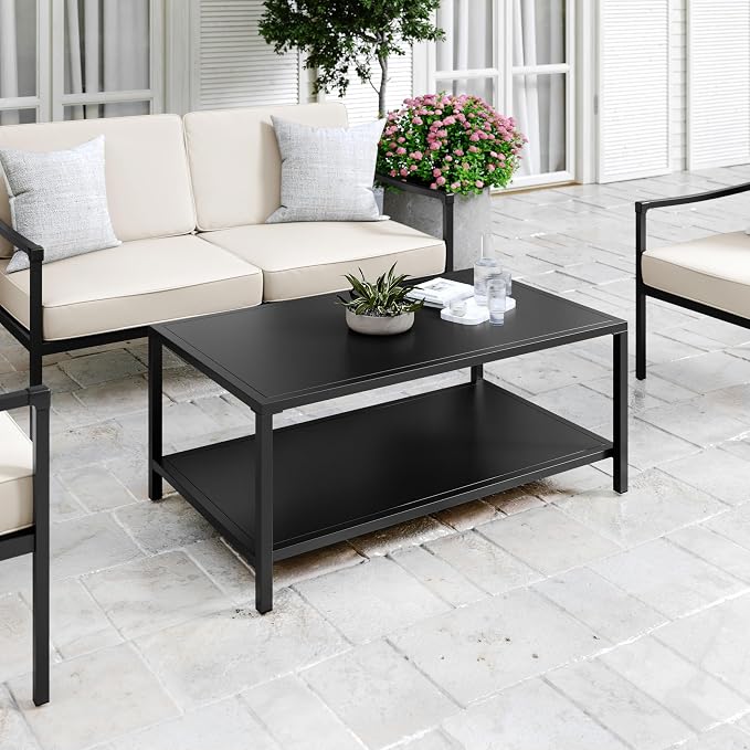 Martha Stewart Lily Pond All-Weather Patio Coffee Table with Lower Display Shelf and Steel Frame in Black