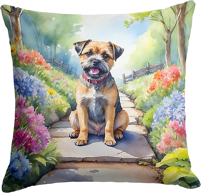 Caroline's Treasures Border Terrier Spring Path Throw Pillow Machine Washable, Indoor Outdoor Decorative Pillow for Couch, Bed or Patio, 18Hx18W