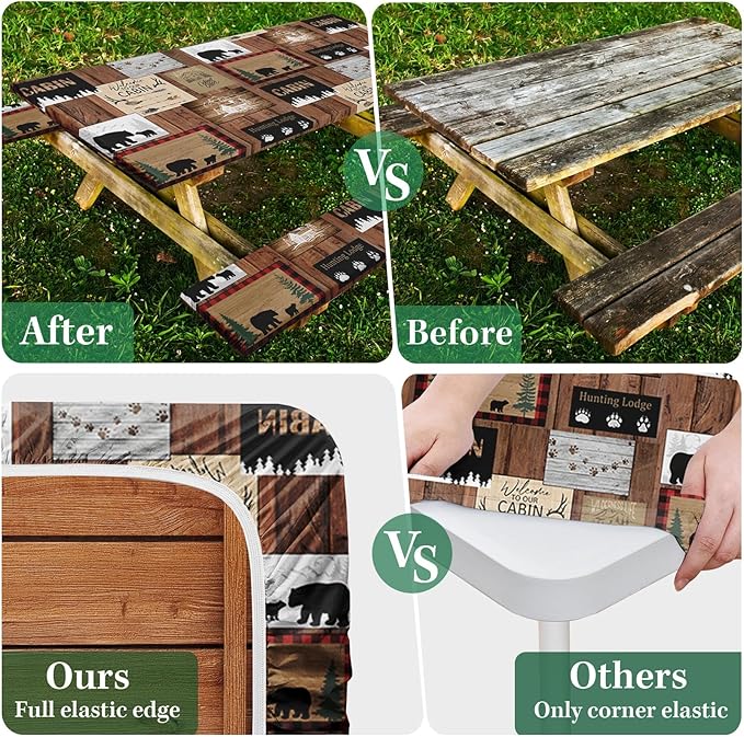 Picnic Table Cover with Bench Covers Elastic Edges, Vintage Camper Fitted Table Cover, Outdoor Patio Camping Essentials 72 Inch 3PCS, Waterproof Camping Fitted Tablecloth with Drawstring Bag