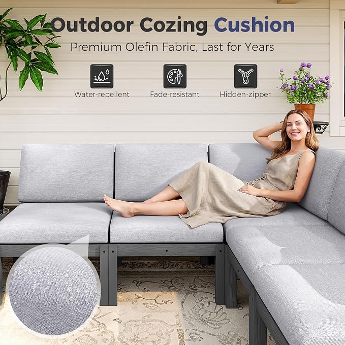 Modular Outdoor Patio Conversation Set, 11-Piece U-Shaped Sectional Sofa Set with Coffee Tables & Thick Cushions, Easy Side Interlock, HIPS All-Weather Patio Furniture Set for Backyard, Deck, Poolside