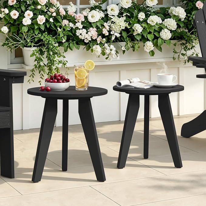 HDPS Outdoor Side Table Set of 2, Small Round Side Table Weather-Resistant, Outdoor Side Tables for Patio, Porch, Deck, End Table for Plant Stand, Living Room, Bedroom, Black