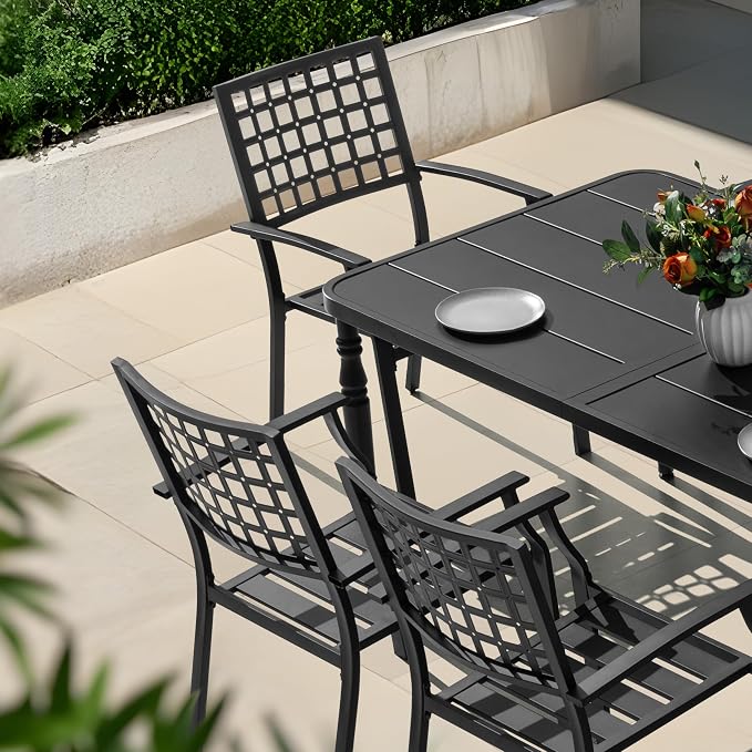 NUU GARDEN 7-Piece Outdoor Metal Furniture Set, Outdoor Dining Set of 6, Patio Dining Table with Umbrella Hole and Powder Coating, 6 Stackable Chairs for Backyard, Deck, Garden and Yard, Black