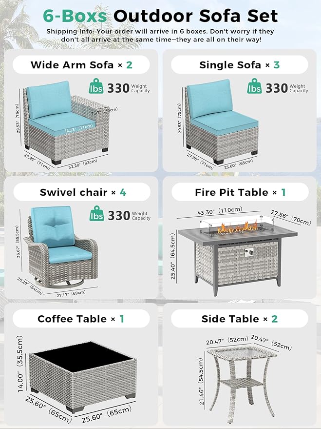 13 Piece Outdoor Wicker Rattan Sectional Sofa Set with Swivel Chairs & Fire Pit Table, 9-Seats with 4" Thickened Cushions & Coffee Table, All-Weather PE Rattan for Garden, Backyard, Porch, Turquoise