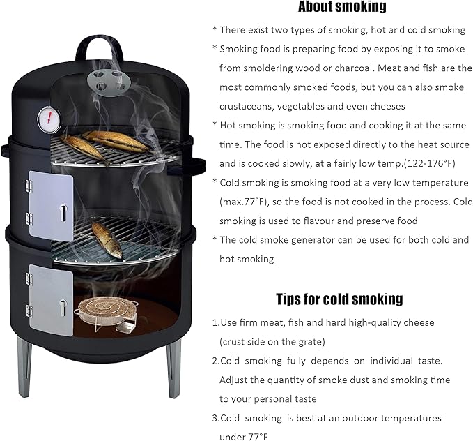 16" BBQ Smoker Grill Built in Thermometer, Air Vent and Two more biger Access Doors, Multi-Layer Meat Smoker Grill with 3 Heat-resistant Handles, Ideal for Outdoor Cooking, Camping, BBQ