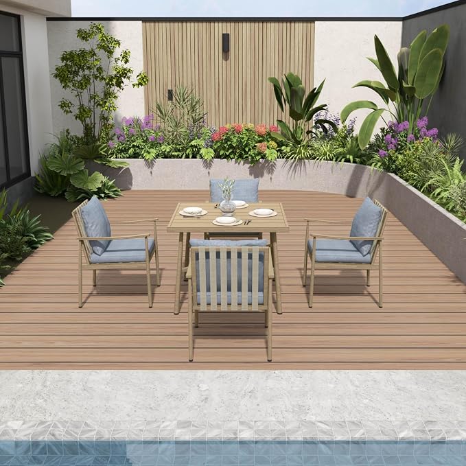 5-Piece Outdoor Dining Set for 4, Aluminum Patio Dining Set with Cushions, 4 Dining Chairs with Rope Backrest, Square Table with Umbrella Hole, Patio Dining Set for Lawn Porch Backyard, Grey