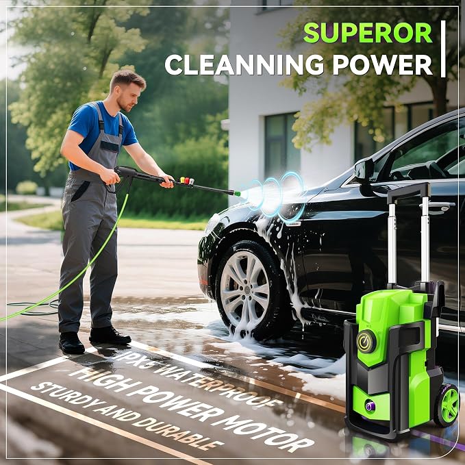 Electric Pressure Washer 5000PSI, Heavy Duty Power Washer, with 4 Nozzles,Foam Cannon,33FT Hose and 500ml Soap Bottle,Car Wash Machine/Car/Driveway/Patio Clean (Light Green)
