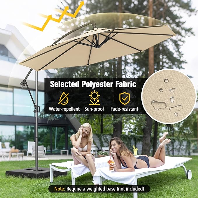 Tangkula 10 FT Patio Offset Umbrella, Hanging Cantilever Umbrella w/X-shaped Base & 360° Rotation, Smooth Crank Handle, Vented Top, Outdoor Market Umbrella for Backyard, Deck (Beige)