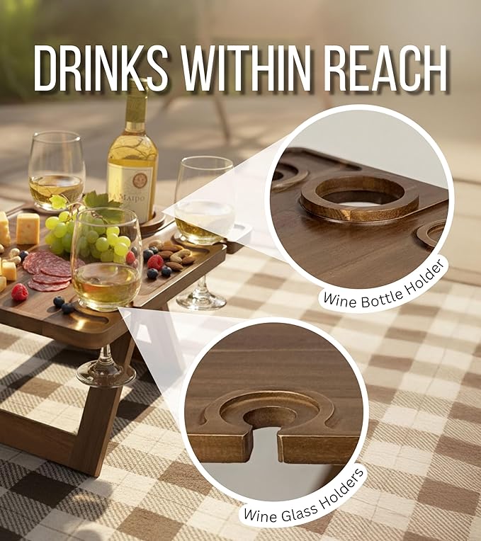 Portable Wine Picnic Table in Acacia Wood, Wine Charcuterie Board with Glass Holders, Outdoor Folding Wine Table for Beach, Park & Indoor Use, Gift for Wine Lovers