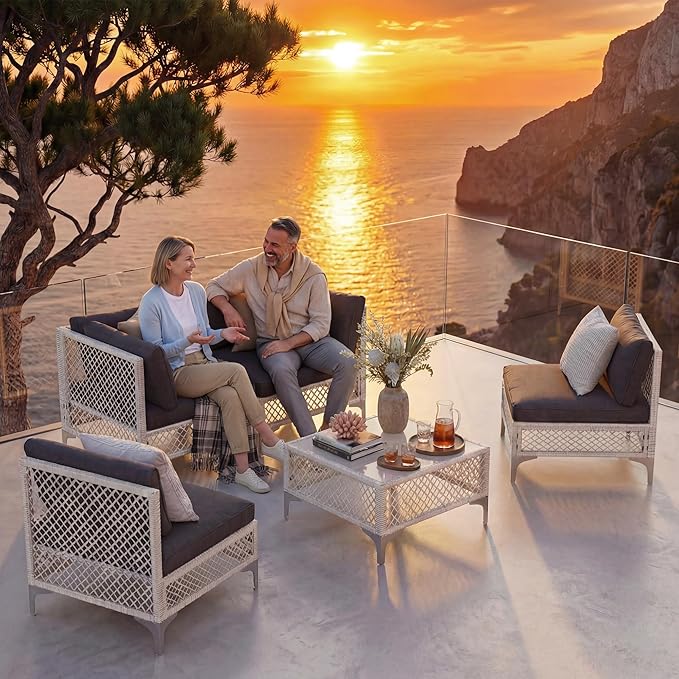 ENSTVER 5-Piece Outdoor Patio Furniture Set, Value Lightweight Boho Outdoor Sectional with Handwoven Wicker & Easy Assembly, Durable Outdoor Sofa for Small Patio, Balcony（Cushion Dark Grey）