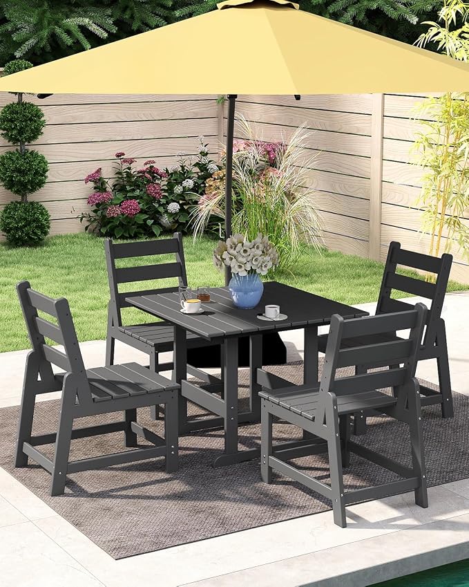 GREENVINES 5-Piece-Outdoor-Dining-Set | HDPE | Square | Patio Furniture | All Weather | Armless Chair | Slatted Table and Chairs Sets for 4 | for Backyard Poolside Garden | Grey