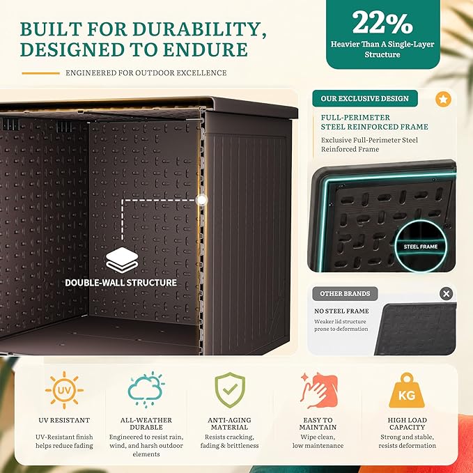 YITAHOME XXL 230 Gallon Extra Large Outdoor Deck Box, Lockable Resin Double-Wall Storage Box and Waterproof Patio Furniture Bin for Garden Tools & Pool Accessories, Brown