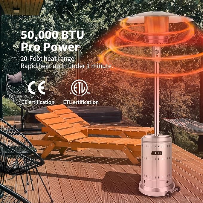 50,000 BTU Outdoor Propane Patio Heater with Wheels – All-Stainless Steel Gas Heater, Weighted Base, Easy Ignition & Safety Tilt Shut-Off for Patio, Backyard, Garden & Commercial Use