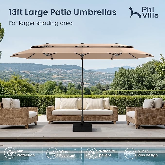 PHI VILLA 13ft Outdoor Patio Umbrellas with Base Included, 2-Tier Double-Sided Outdoor Rectangular Sun Umbrella for Outside, Beige