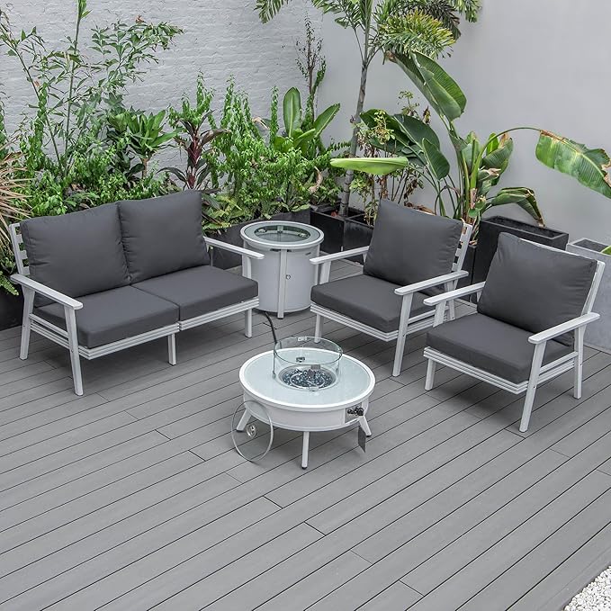 LeisureMod Walbrooke Modern Aluminum 5-Piece Patio Conversation Set with Outdoor Round Firepit Table & Side Table Tank Holder (Charcoal)