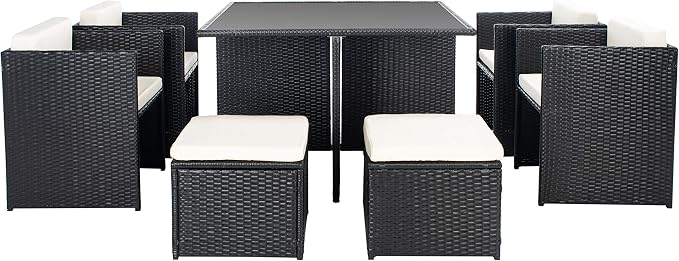 SAFAVIEH Outdoor Collection Klena Black Rattan/Beige Cushion 9-Piece Patio Backyard Dining Set