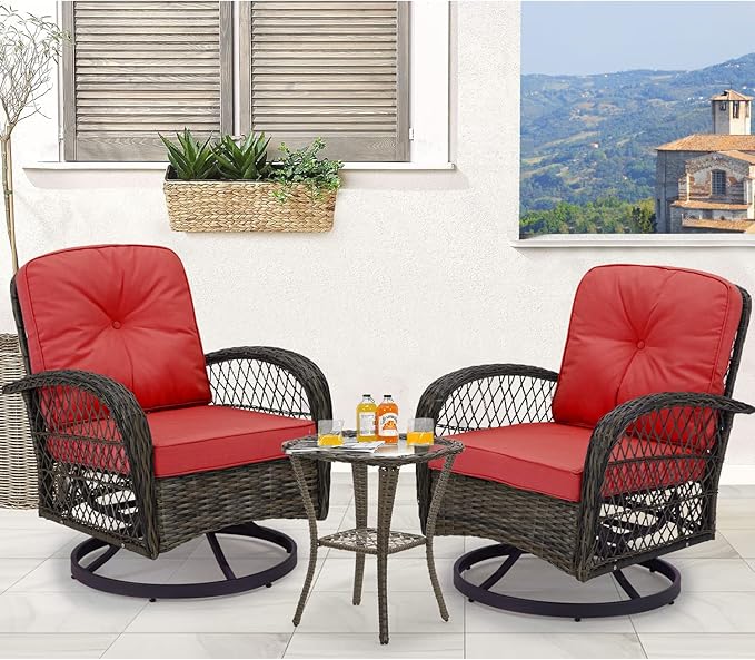 EROMMY 3 Pieces Outdoor Swivel Rocker Patio Chairs, 360 Degree Rocking Patio Conversation Set with Thickened Cushions and Glass Coffee Table for Backyard, Wine Red