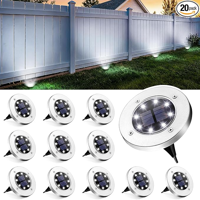 GIGALUMI Solar Fence Lights - No-Drill Fence Lighting Solution, Waterproof Perimeter Lights Compatible with Wood, Metal & Concrete Fences (20 Pack Cool White)