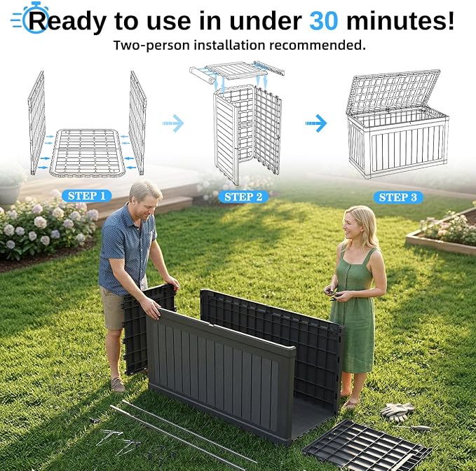 200 Gallon Deck Box, Resin Outdoor Waterproof Storage Box, Lockable Storage Box With Handle for Patio Furniture - Garden Tools - Swimming Pool Tools UV Resistant, Black