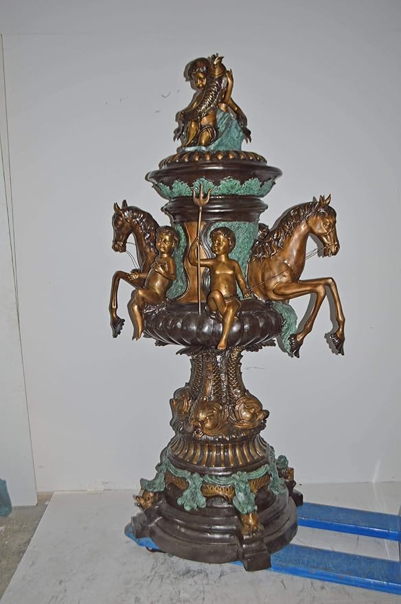 Nifao Large Bronze Tiered Fountain with Fish Horse & Pigs – Outdoor Garden Water Feature Sculpture, 46" L x 46" W x 84" H
